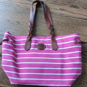 Dooney & Bourke Pink and White Striped Tote with Brown Handles